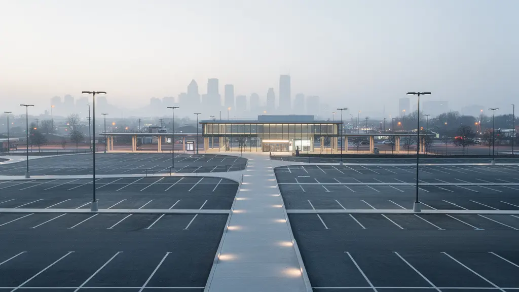 Bird's eye view of suburban parking areas near a transit station