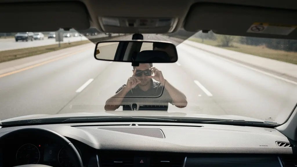 A view from an elevated traffic camera angle, showing a driver's silhouette whose actions could be misinterpreted by AI as phone use.