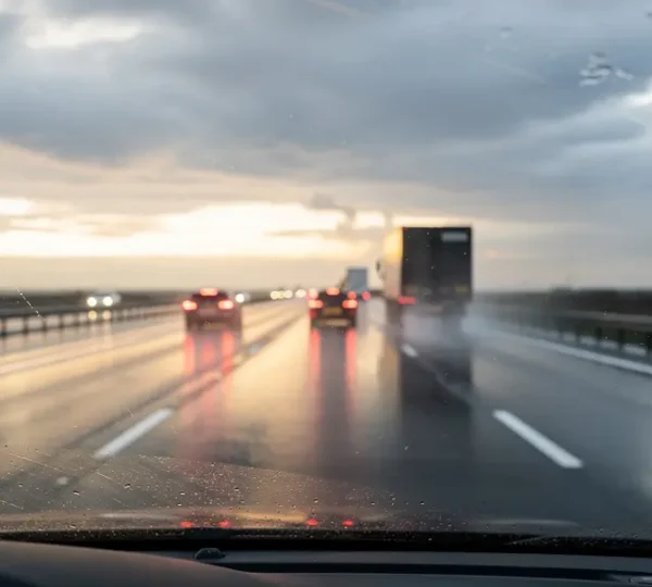Driver perspective showing multiple road hazards with heightened awareness visualization