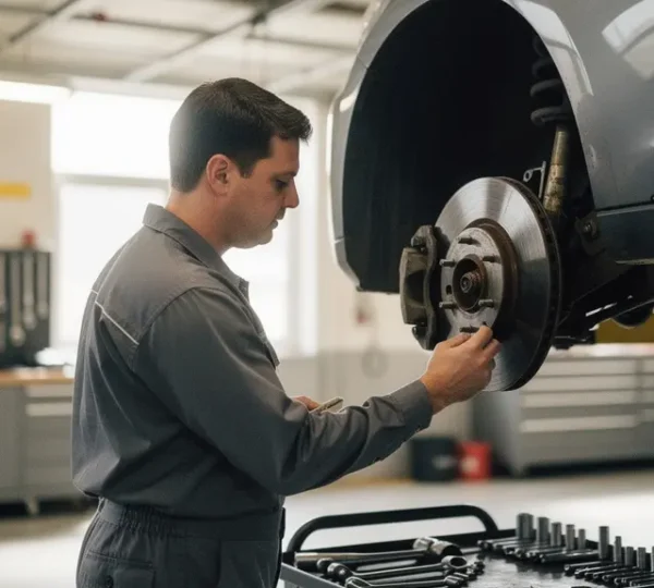 Professional mechanic inspecting worn brake disc with visible grooves on lifted vehicle