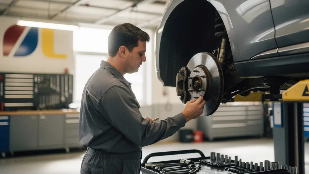 Professional mechanic inspecting worn brake disc with visible grooves on lifted vehicle