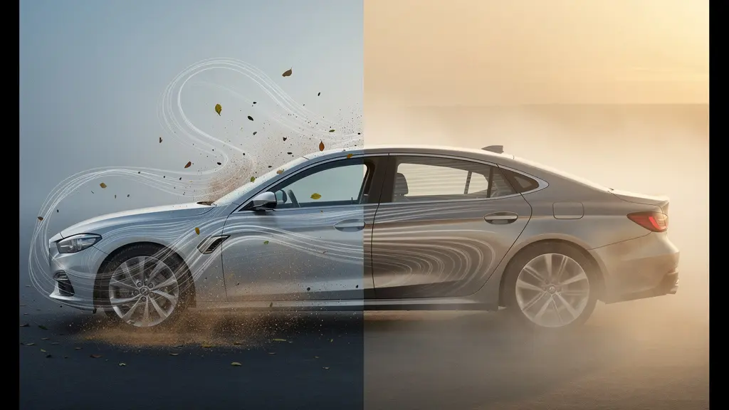 Side view of car showing air flow patterns around open windows versus closed windows