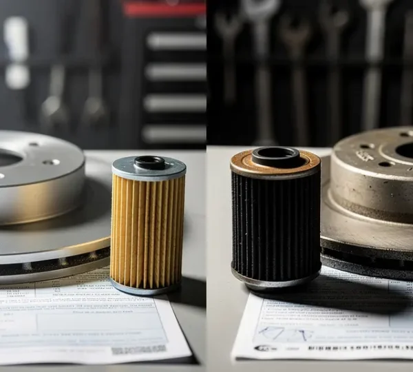 A professional comparison showing authentic versus counterfeit automotive parts with insurance implications