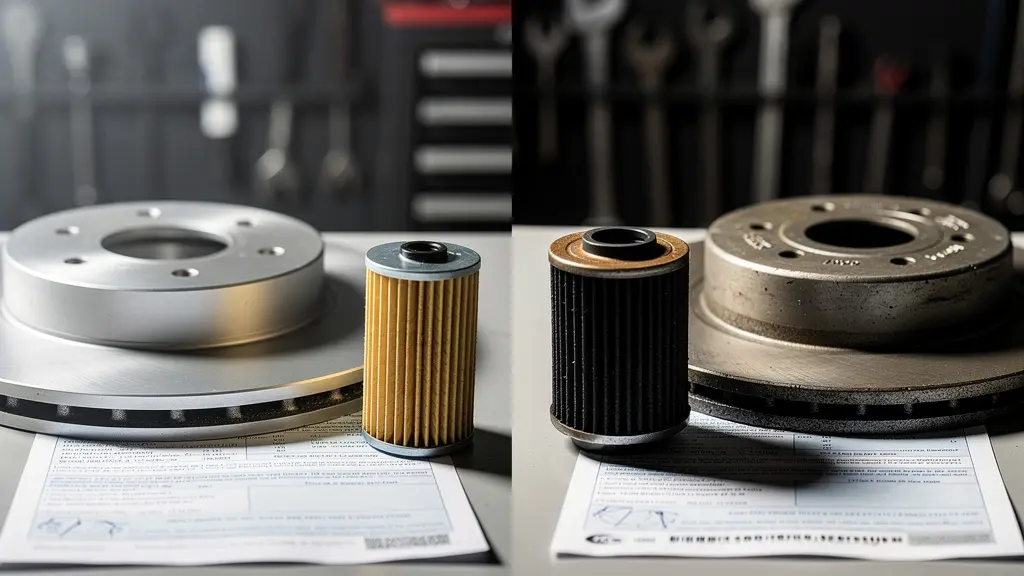 A professional comparison showing authentic versus counterfeit automotive parts with insurance implications