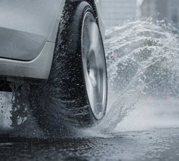 Car braking on wet road surface with water spray in heavy rain conditions