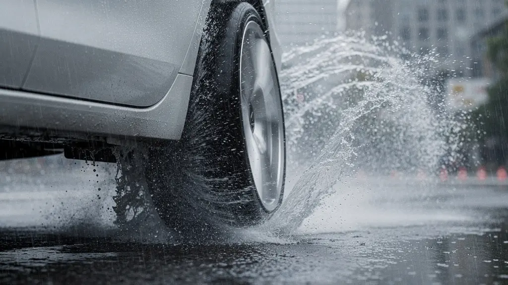 Car braking on wet road surface with water spray in heavy rain conditions