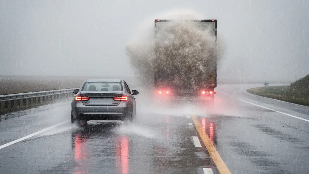 Wide shot of a car driving on a rain-soaked highway with heavy spray from a semi-truck ahead, illustrating sensor challenges in adverse weather.