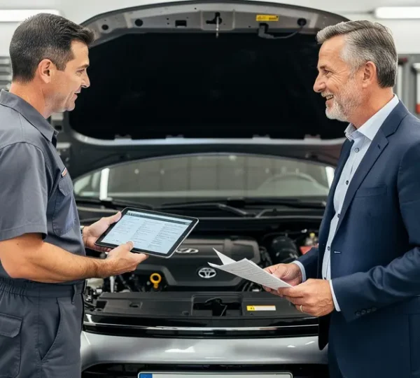 Professional mechanic and car owner discussing maintenance documentation in modern auto workshop