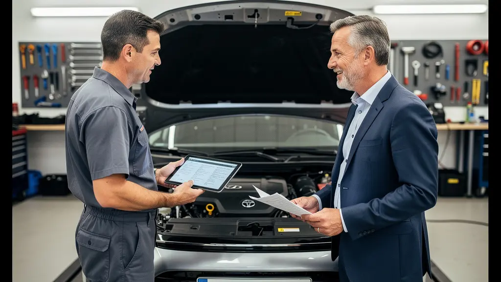 Professional mechanic and car owner discussing maintenance documentation in modern auto workshop