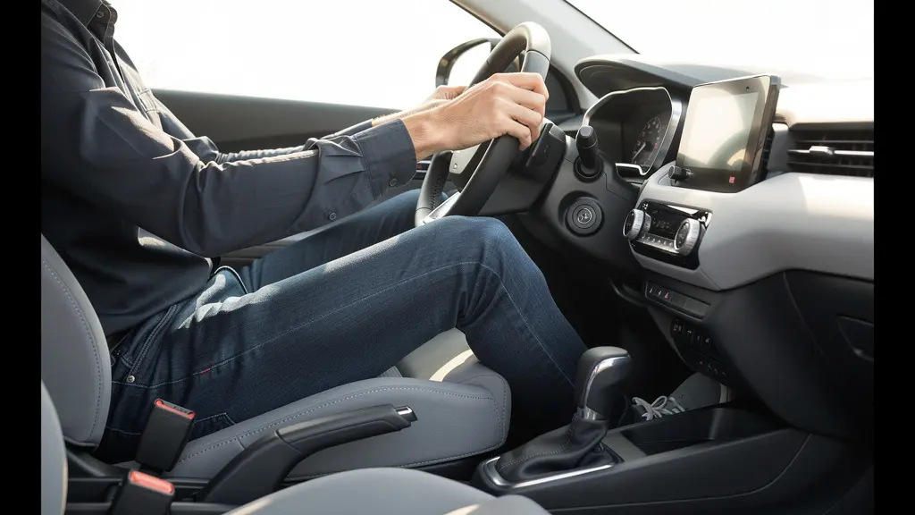 Side view demonstration of proper car seat height showing leg position and blood flow
