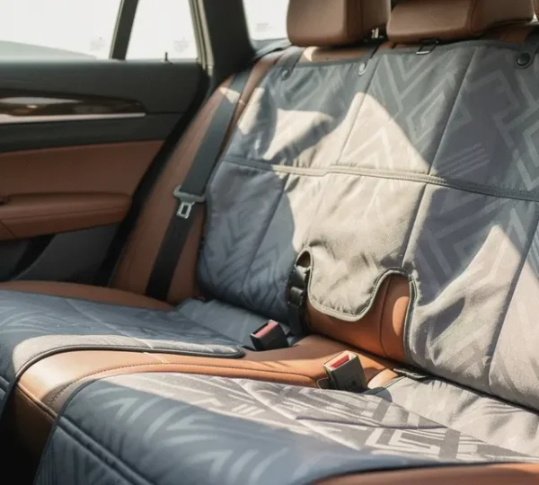 Professional photograph of a car's rear seat area with protective covers installed, showcasing both practical protection and aesthetic appeal