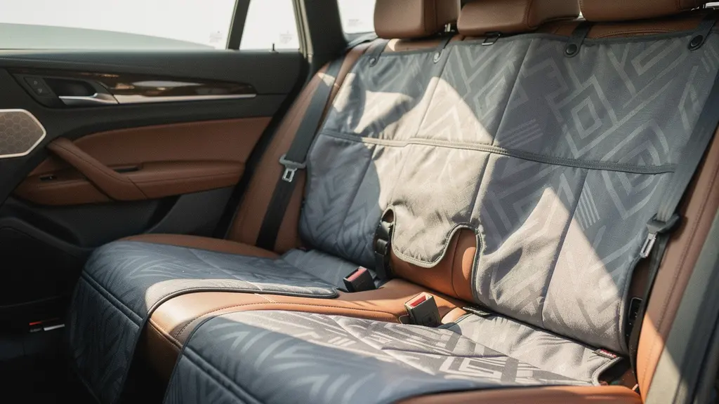 Professional photograph of a car's rear seat area with protective covers installed, showcasing both practical protection and aesthetic appeal