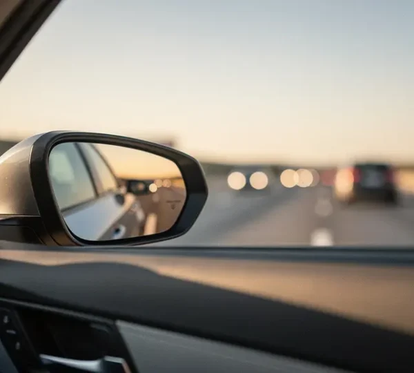 Close-up of a car side mirror on a highway reflecting traffic in adjacent lanes, illustrating the concept of blind spot monitoring.
