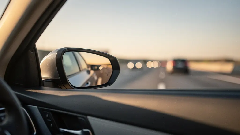 Close-up of a car side mirror on a highway reflecting traffic in adjacent lanes, illustrating the concept of blind spot monitoring.
