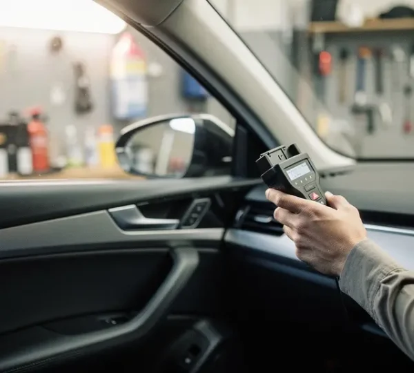 Professional car technician examining touchscreen infotainment system diagnostics