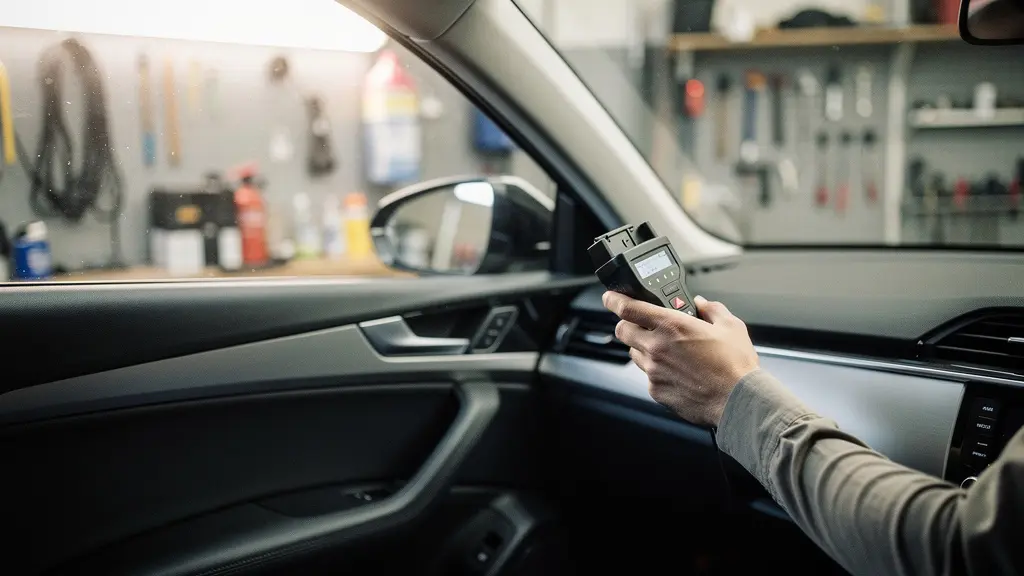 Professional car technician examining touchscreen infotainment system diagnostics