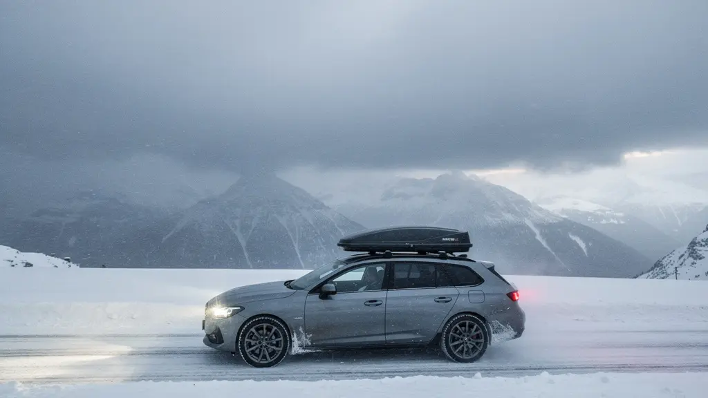Wide shot of a car with a large roof box driving through strong crosswinds on a snowy mountain pass, emphasizing wind exposure and scale.