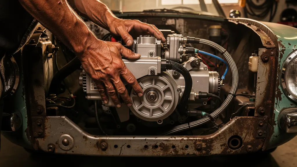 Classic car in modern EV conversion workshop