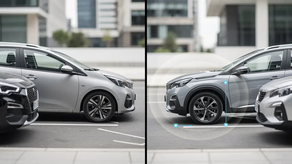 Side-by-side comparison of compact SUV and city car in urban parking scenario