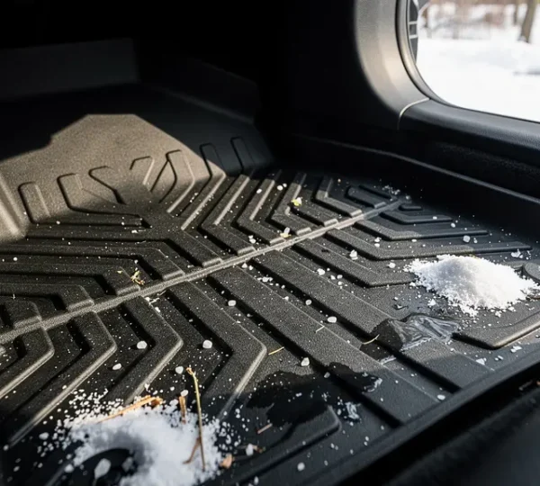 Custom-fit winter rubber floor mat with deep grooves protecting car interior from snow and salt