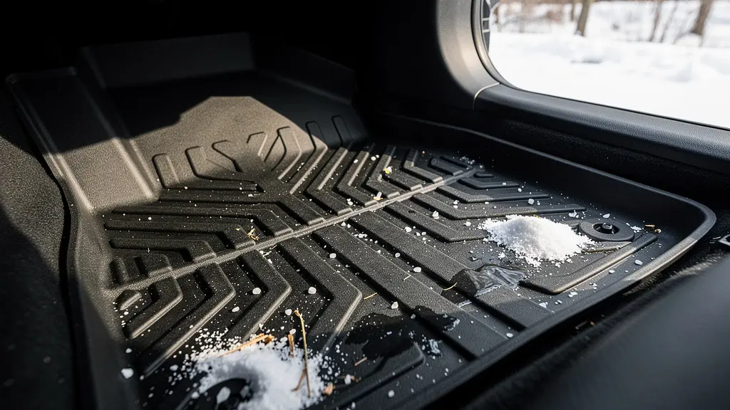 Custom-fit winter rubber floor mat with deep grooves protecting car interior from snow and salt