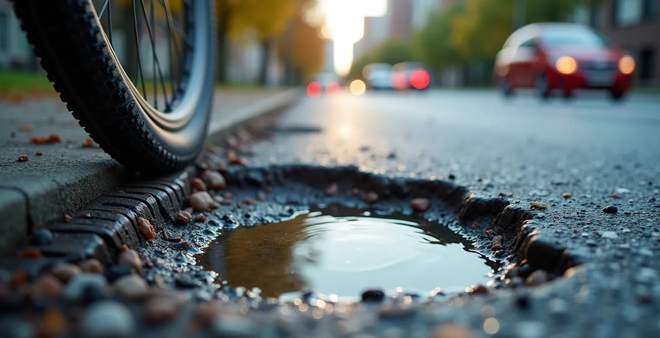 Close-up view of a road edge showing hazards like broken glass and a drain grate, with a bicycle tire positioned safely away.