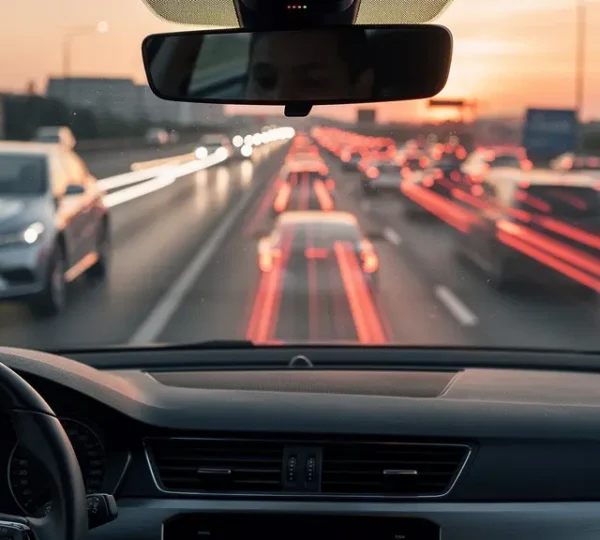 Dashboard camera capturing a staged accident attempt on a busy highway