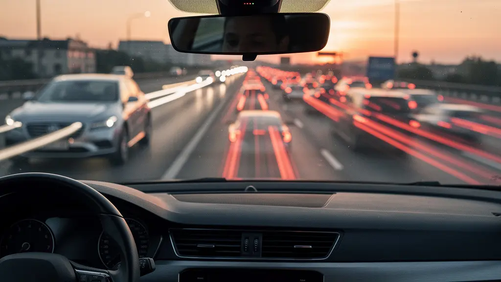 Dashboard camera capturing a staged accident attempt on a busy highway