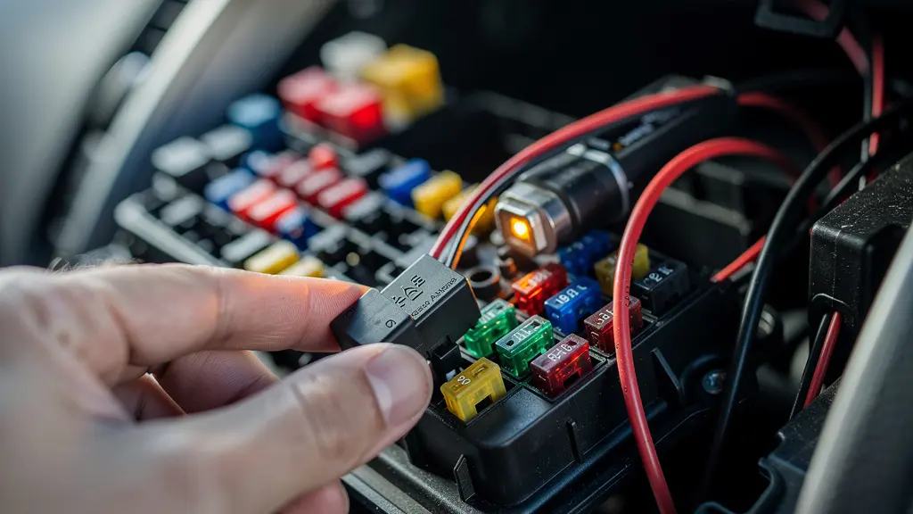 Hands installing add-a-circuit fuse tap in car fuse box for dashcam hardwiring