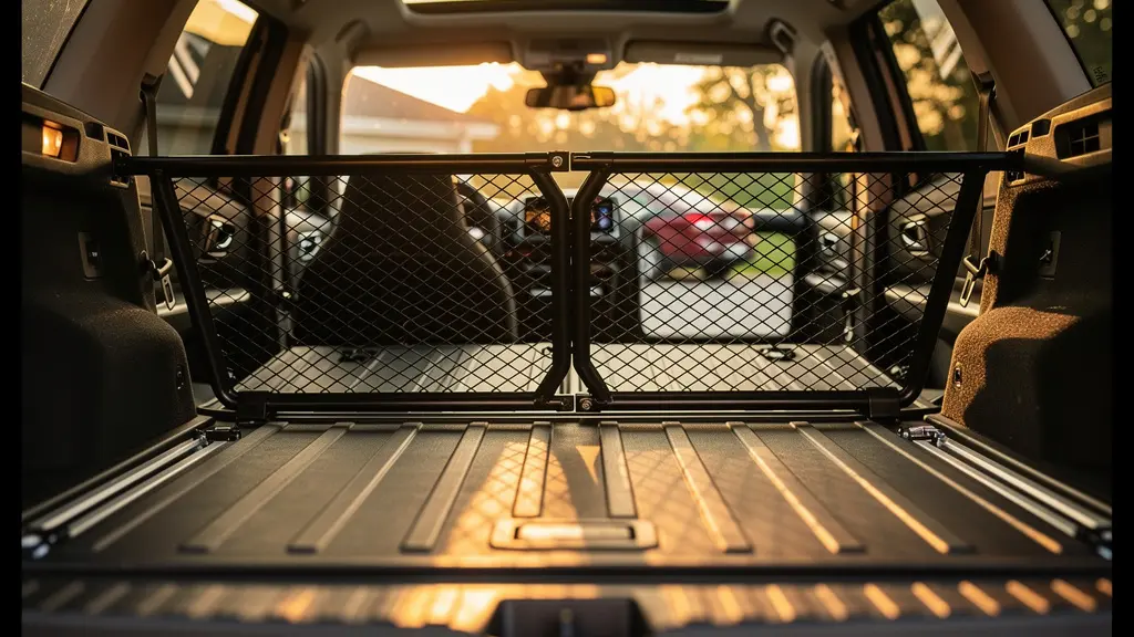 Wide angle view of SUV cargo area showing barrier and liner integration