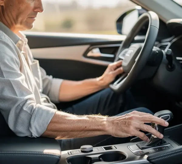 Professional driver adjusting car seat position for optimal lumbar support and ergonomic driving posture