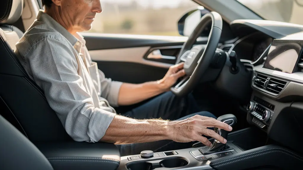 Professional driver adjusting car seat position for optimal lumbar support and ergonomic driving posture