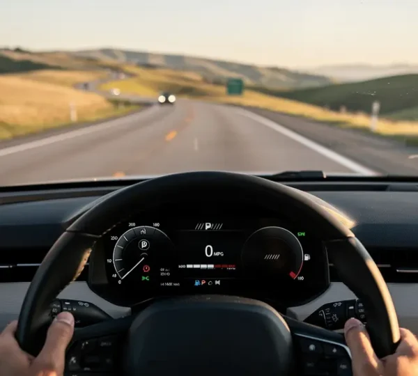 Driver calculating fuel costs inside car with scenic highway stretching into distance