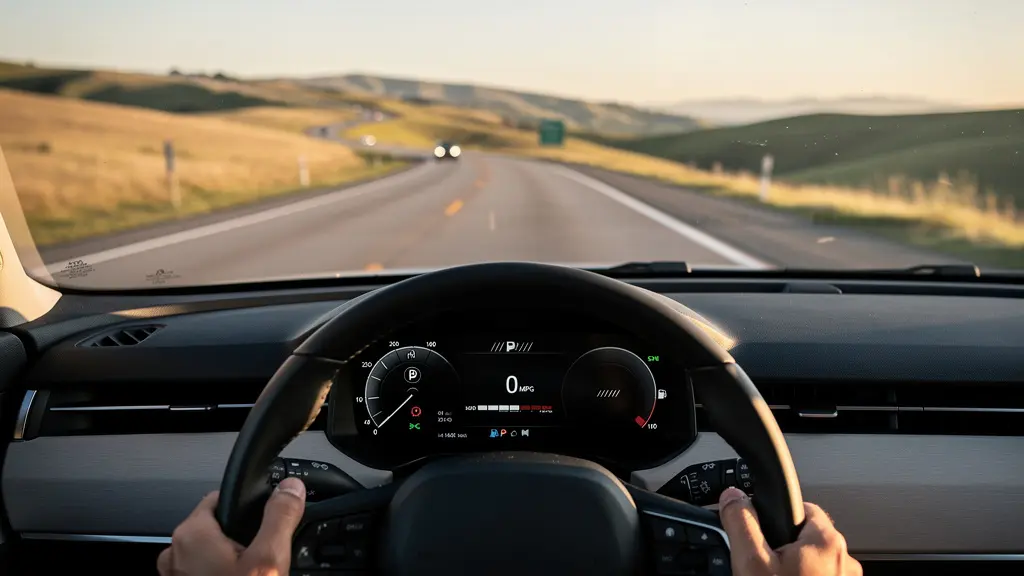 Driver calculating fuel costs inside car with scenic highway stretching into distance