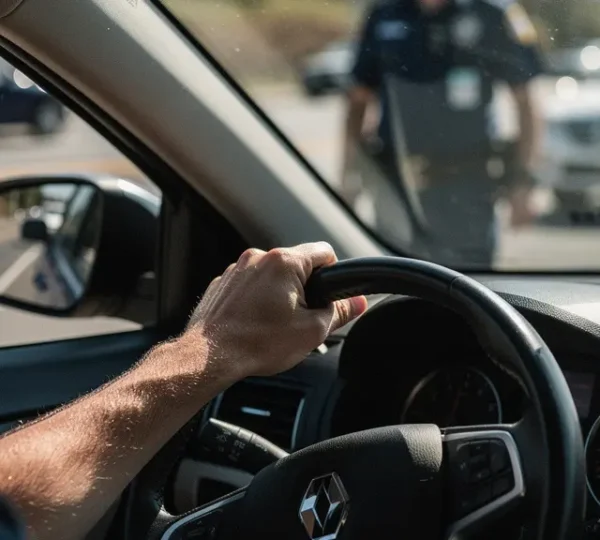 Police officer stopping driver for mobile phone violation