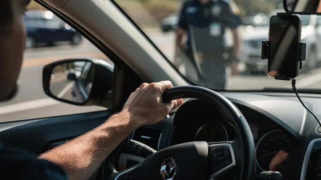 Police officer stopping driver for mobile phone violation