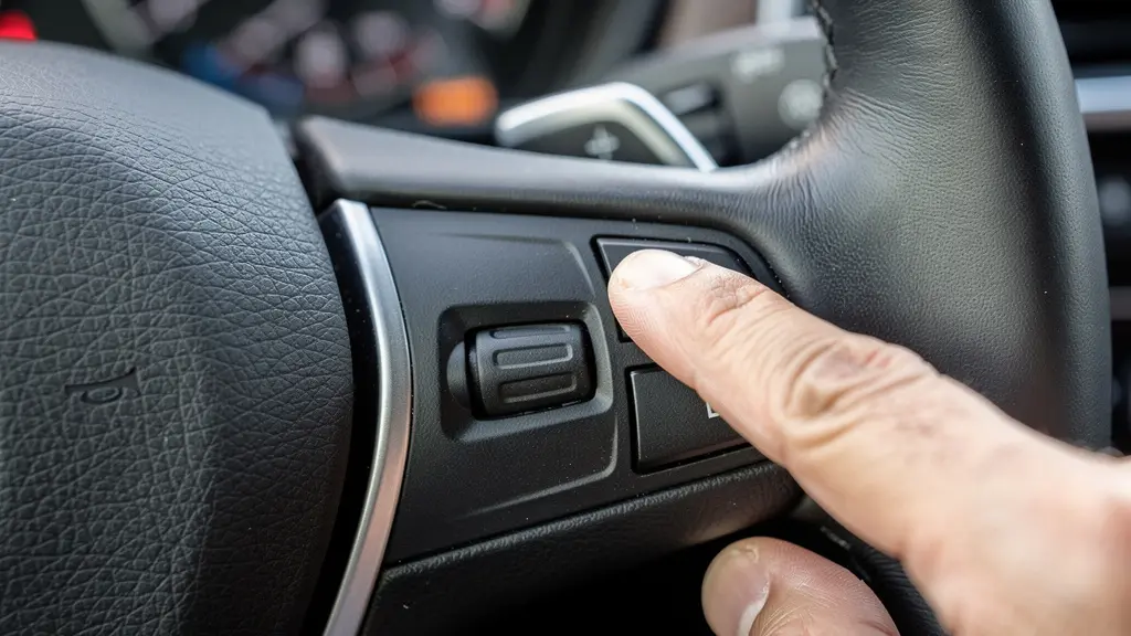 Driver's hand on steering wheel control buttons while driving
