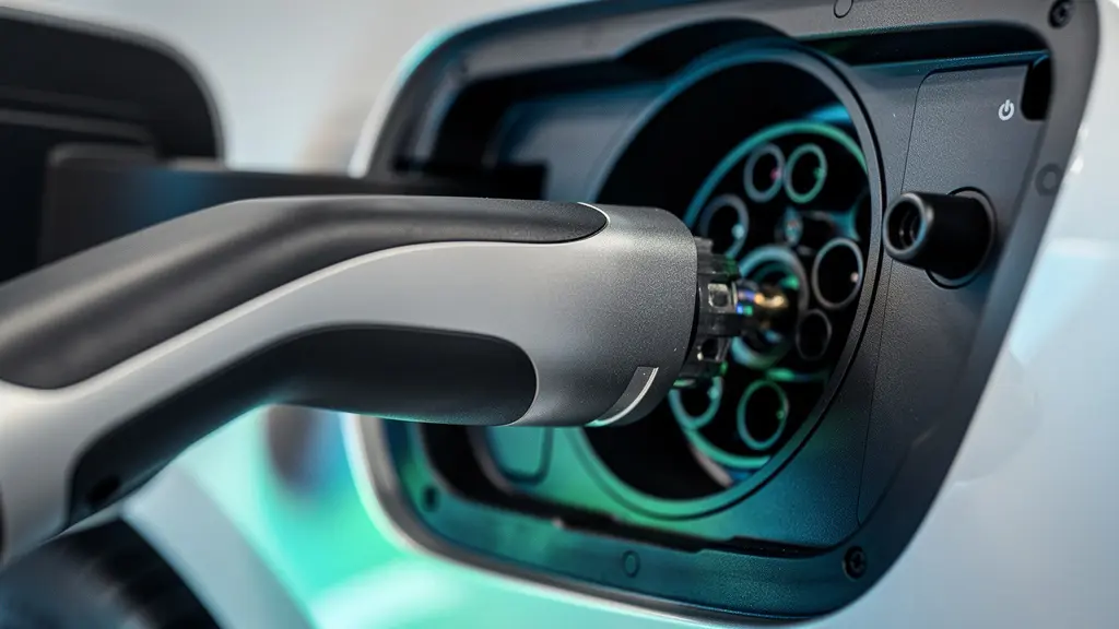 Close-up of EV charging port with abstract visualization of charging speed