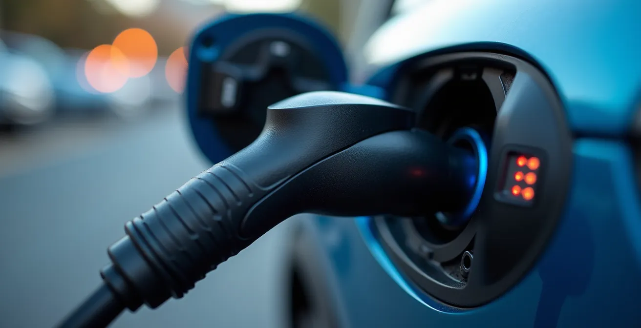 Close-up of an electric vehicle charging at a modern, clean park and ride facility.