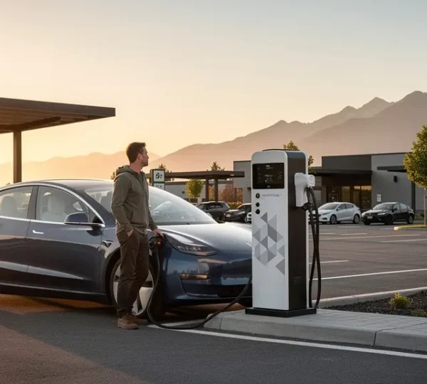 Electric vehicle charging at a modern charging station during a scenic road trip