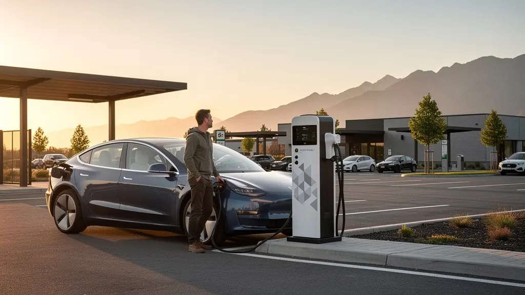 Electric vehicle charging at a modern charging station during a scenic road trip