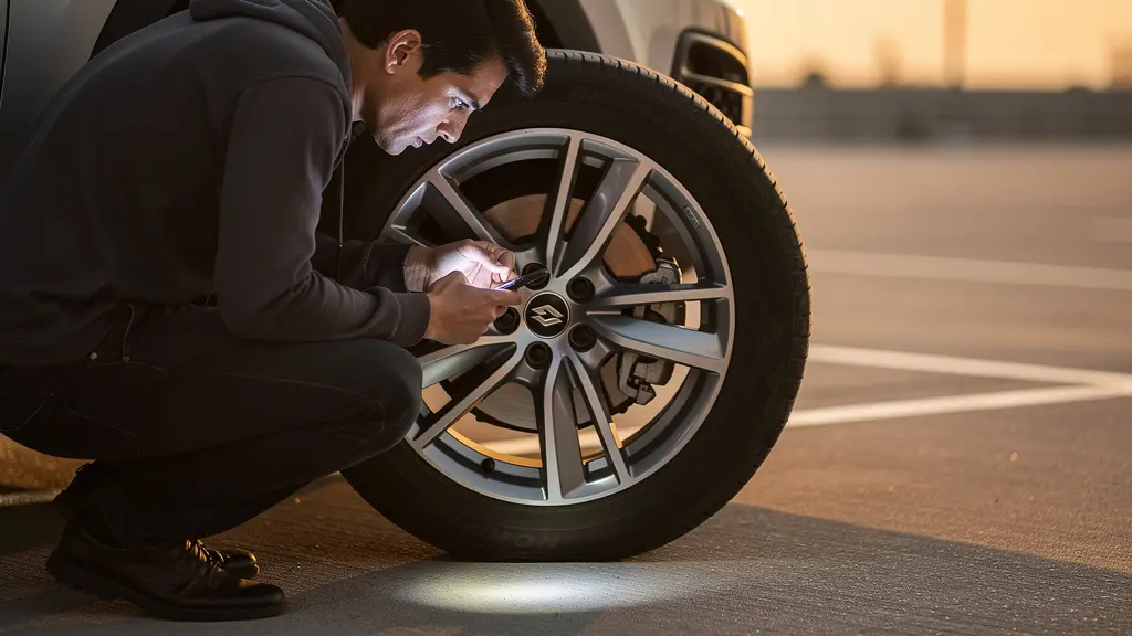 Driver performing visual brake inspection through wheel spokes in parking area