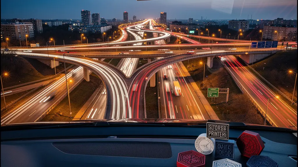 Wide view of European highway with subtle legal document elements suggesting varying regulations