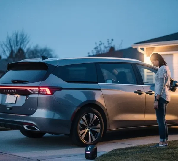 A family SUV parked in a quiet driveway at dusk with subtle visual cues of vehicle security and peace of mind, leaving clean negative space for an editorial headline.