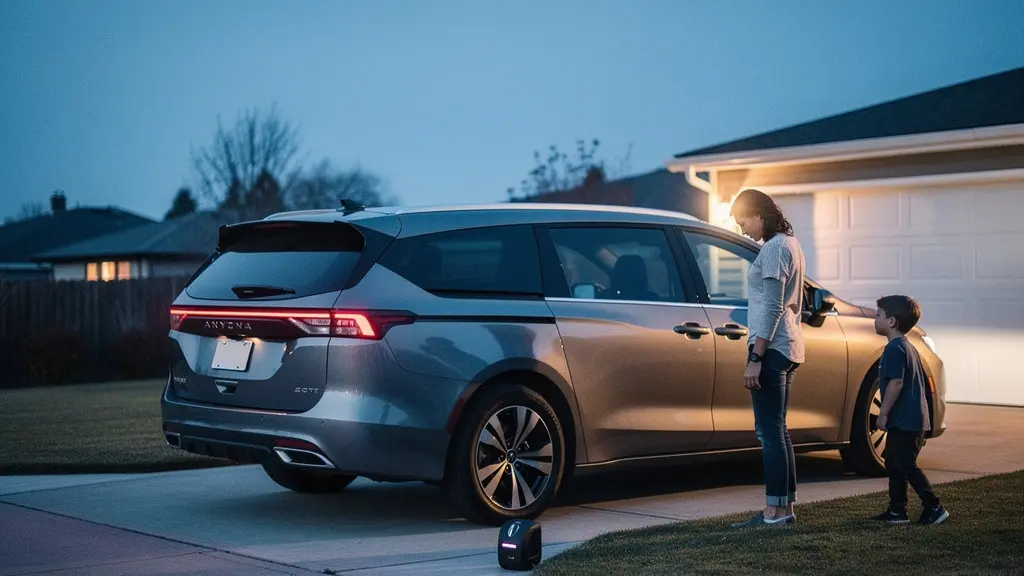 A family SUV parked in a quiet driveway at dusk with subtle visual cues of vehicle security and peace of mind, leaving clean negative space for an editorial headline.