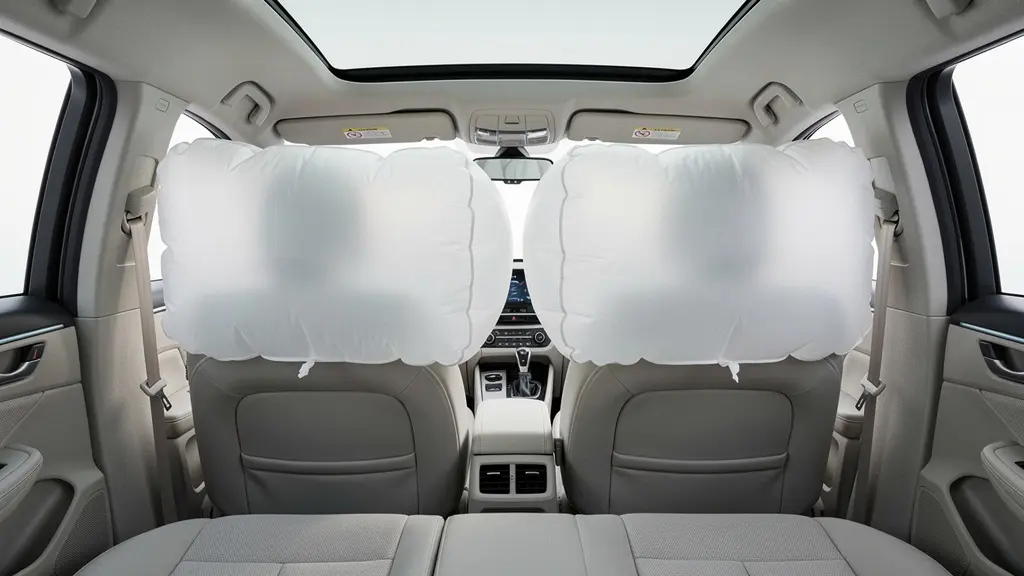 Far-side airbag creating protective barrier between front occupants