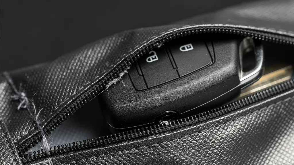 An extreme close-up of a signal-blocking pouch fabric and a generic key fob edge, highlighting protective layers and wear points.
