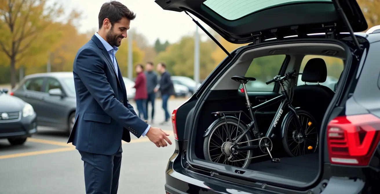 Commuter placing a compact folding bike into their car's trunk at a park and ride facility.