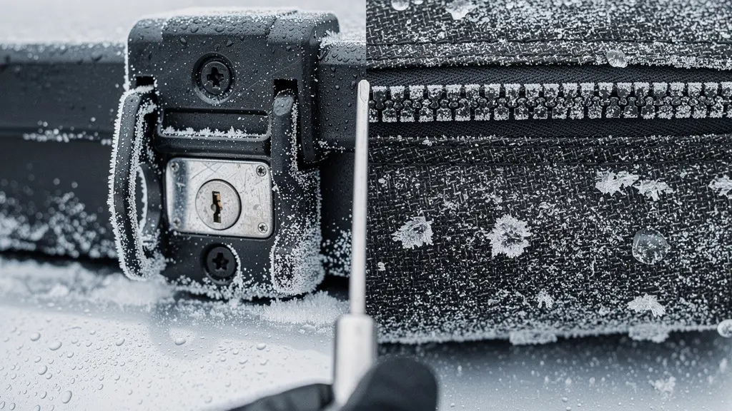 Macro close-up of frost-covered roof box locking hardware next to a frozen roof bag zipper, showing winter brittleness and tool-access vulnerability.