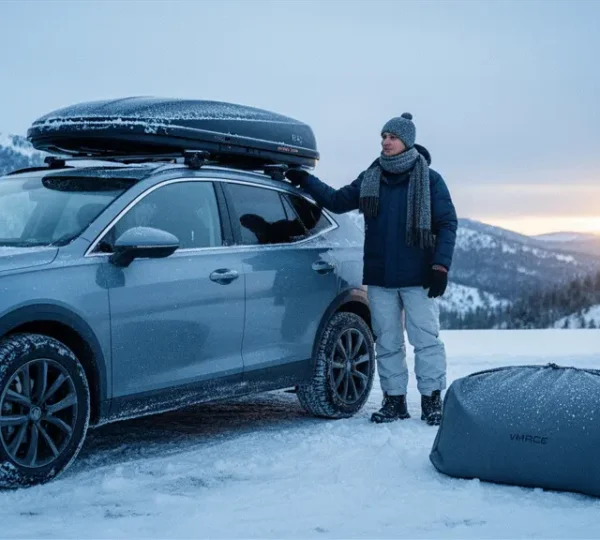 A snowy roadside scene where a family compares a hard roof box on a car with a soft roof bag beside it, highlighting winter travel durability.